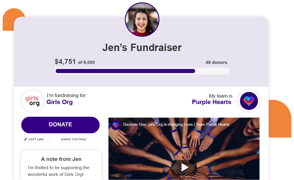 Example of a Peer-to-Peer Fundraiser page displaying an image of a young woman smiling above of a title "Jen's Fundraiser" on top of a light purple background header and a fundraising thermometer of $6,000. Next, a prominent purple donate button, a note from the fundraiser and a video from the nonprofit. 