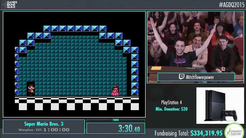A still image of the AGDQ 2015 livestream. The video feed includes a view of Super Mario Bros. 3, player Mitchflowerpower raising his arms in celebration in front of a crowd, a raffle for a PlayStation 4, and a fundraising total of $334,319.95.
