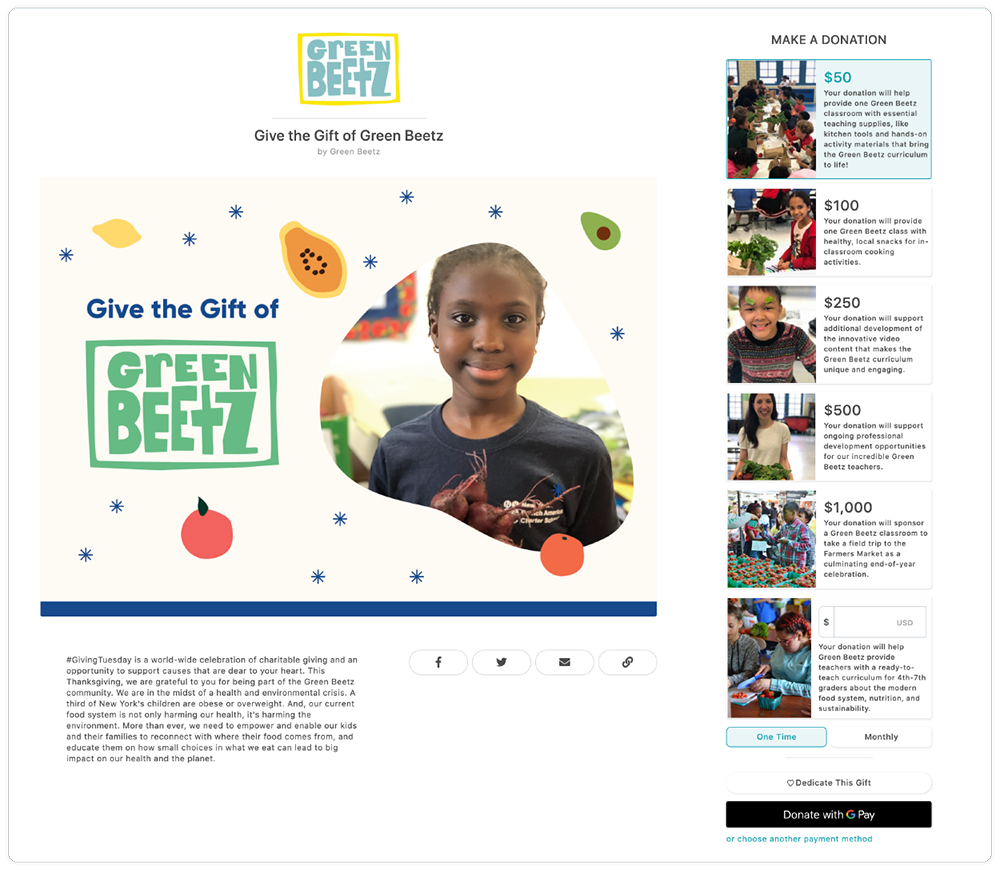 Green Beetz Campaign Page for Giving Tuesday using compelling image-accompanied “impact stories."