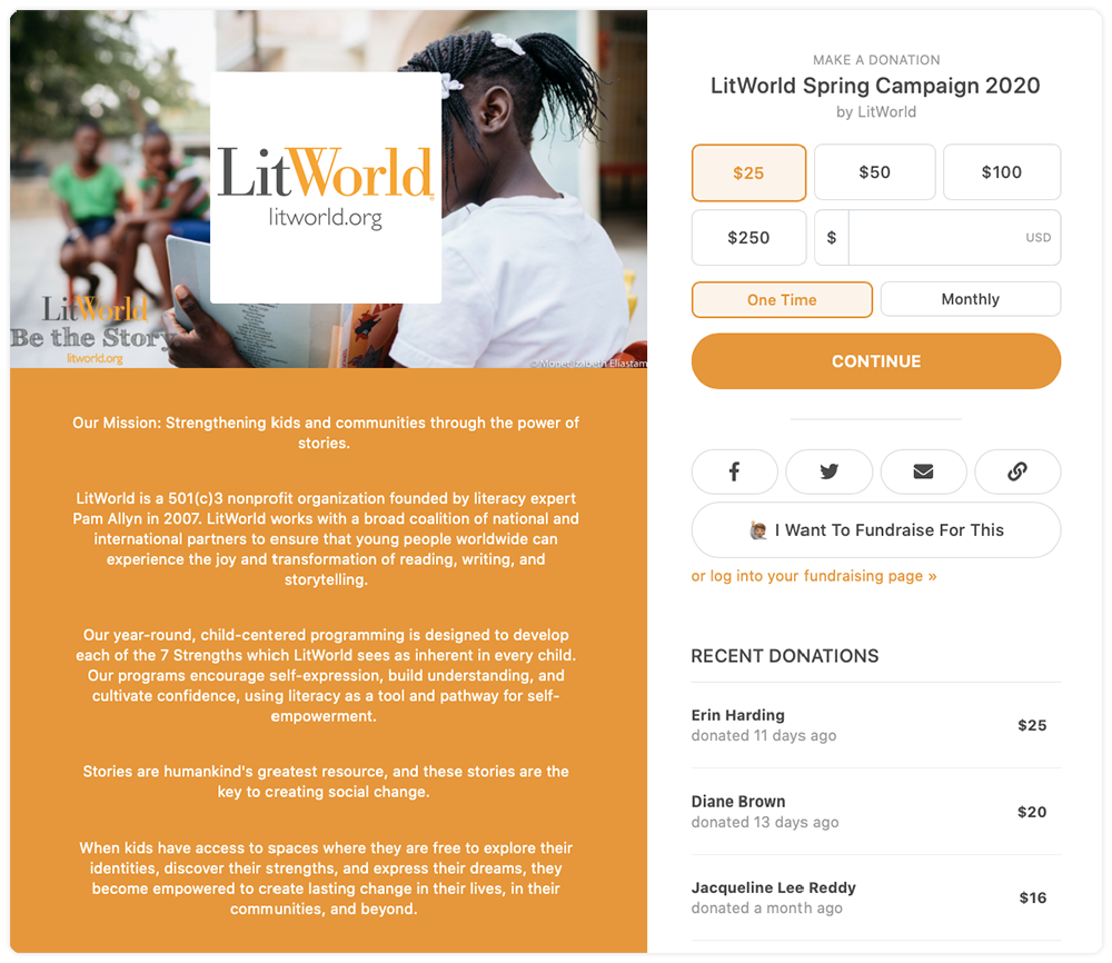 LitWorld Campaign Page’s Default Template showcasing logo, mission statement and customized preset donation amounts. This Spring Campaign 2020 has raised $40,000+.