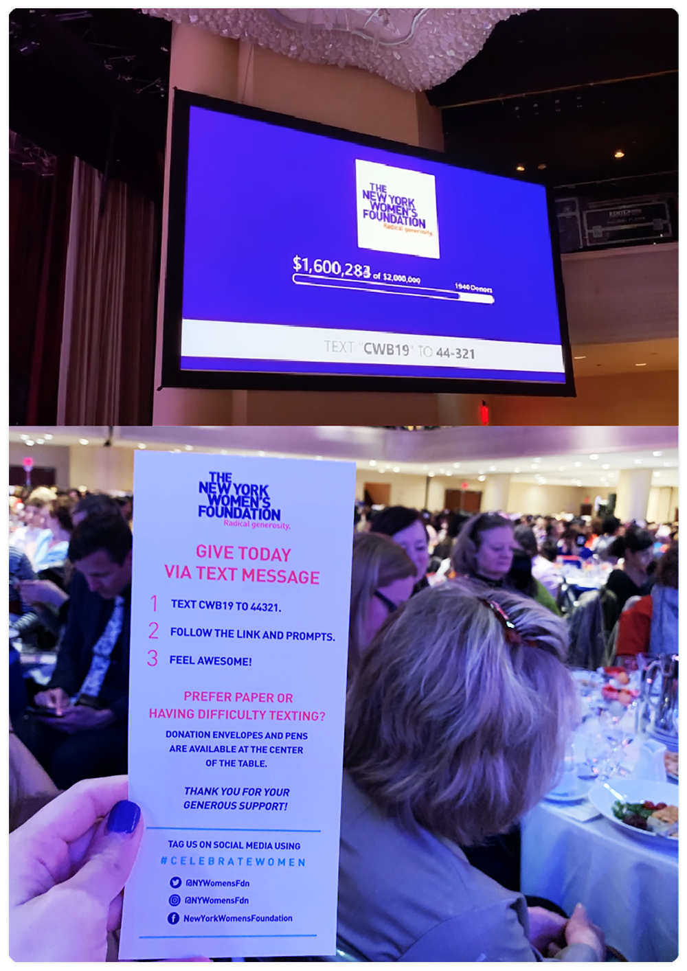 The New York Women’s Foundation Text-to-Donate and Live Display in action during their Annual "Celebrating Women Breakfast", where printed materials and our Live Display encourage donations.
