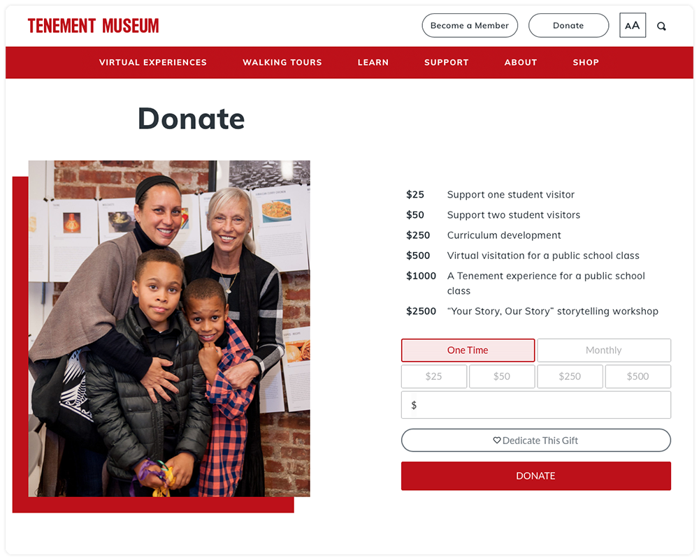 The Tenement Museum website displaying Give Lively's Simple Donation Widget
