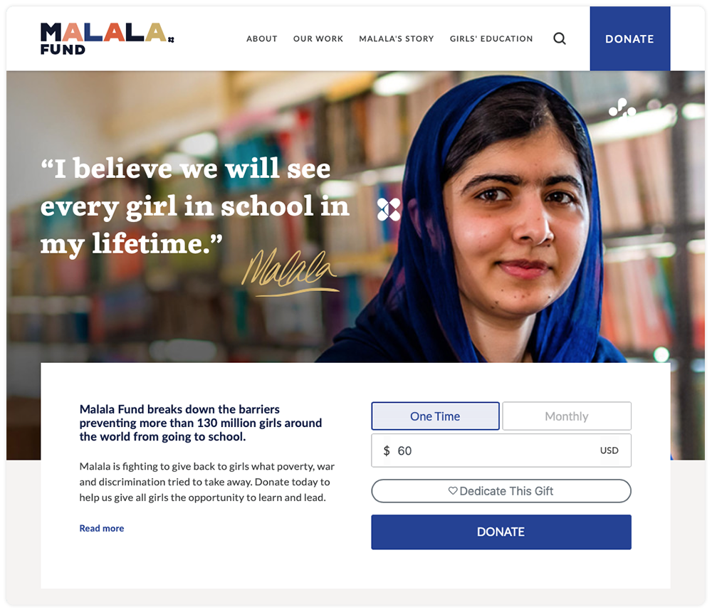 Malala Fund Website displaying Give Lively's Simple Donation Widget