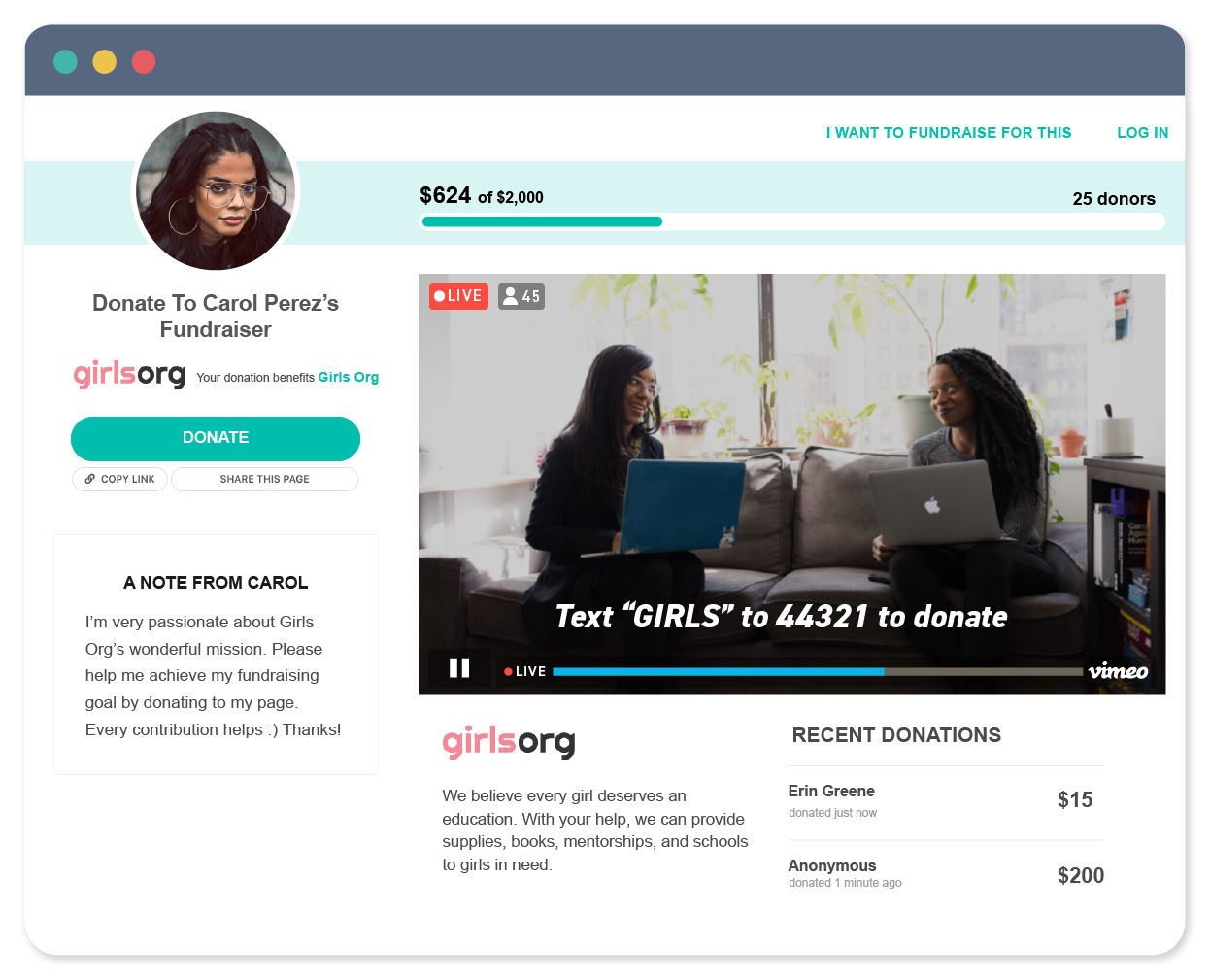 A screenshot of an example Peer-to-Peer Fundraising page with a livestream incorporated.