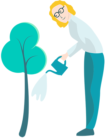 An illustration of a woman watering a small tree.