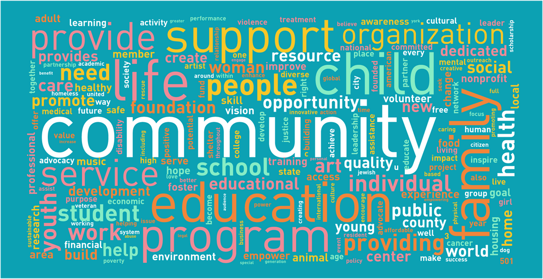 Word cloud built of nonprofit mission statements.