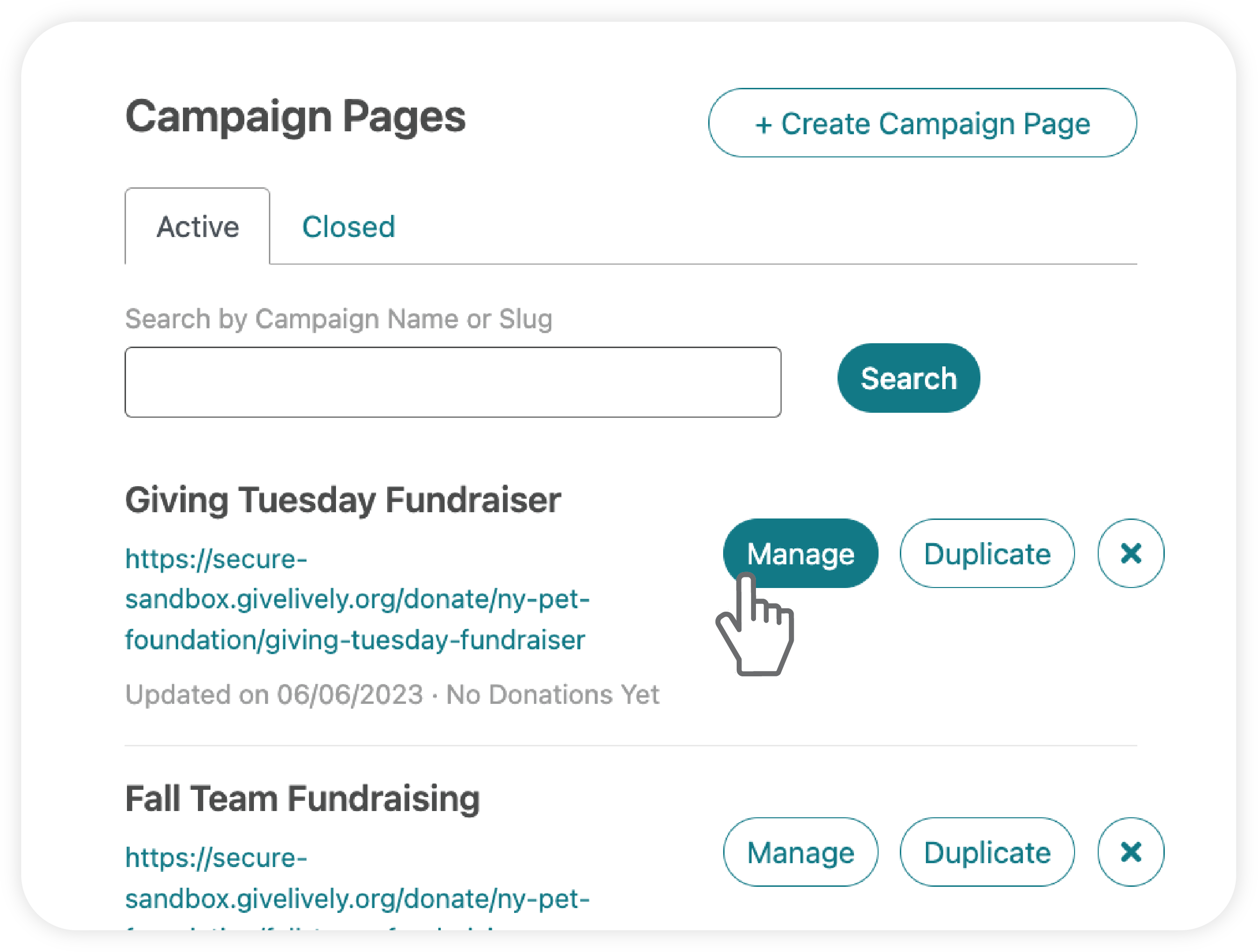 Screenshot of the "Manage" button for each Campaign Page listed in the Nonprofit Admin Portal.