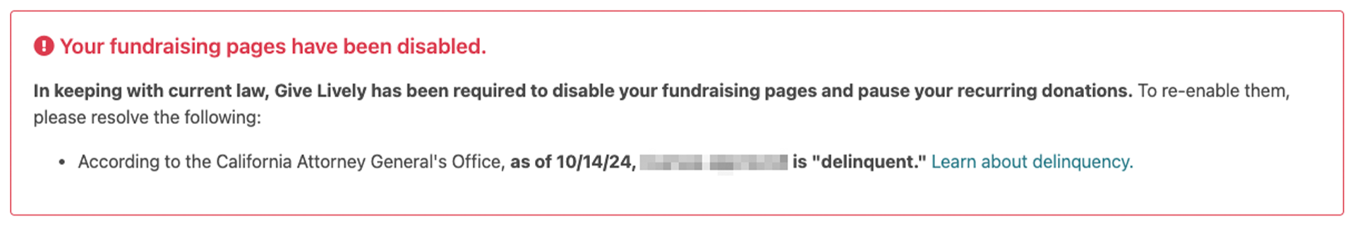 Screenshot of a warning in the Nonprofit Admin Portal advising that "Your fundraising page has been disabled" due to delinquency.