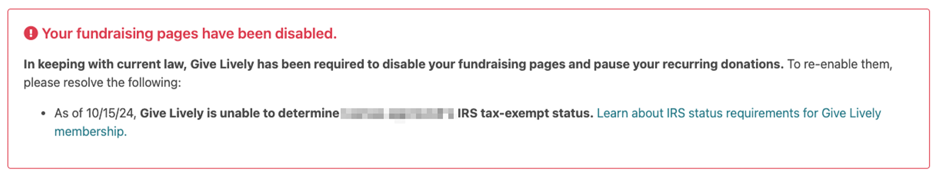 Screenshot of a warning in the Nonprofit Admin Portal advising that "Your fundraising page has been disabled" due to due to indeterminate IRS tax-exempt status.