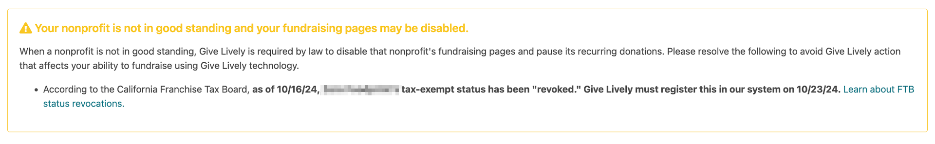 Screenshot of a warning in the Nonprofit Admin Portal advising that "Your nonprofit is not in good standing and your fundraising pages may be disabled" due to FTB revocation..