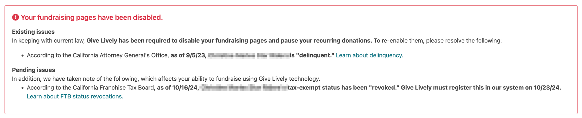 Screenshot of a warning in the Nonprofit Admin Portal advising that "Your fundraising page has been disabled" due to delinquency.