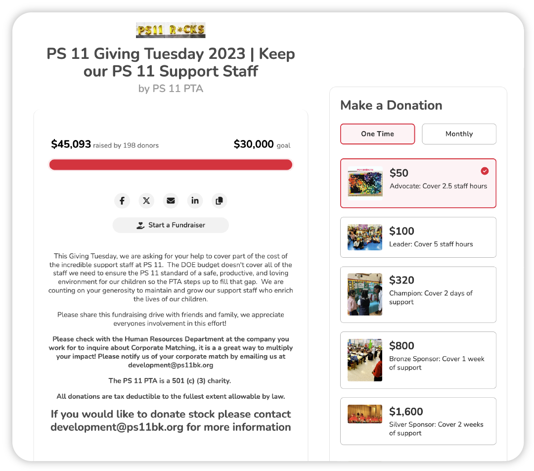 A screenshot of the "PS 11 GivingTuesday 2023 - Keep our PS 11 Support Staff" Campaign Page.