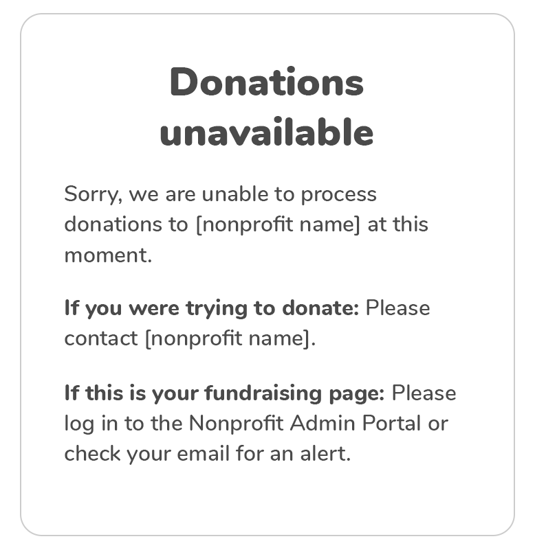 "Donations unavailable" warning on fundraising pages of nonprofits with delinquent/revoked/indeterminate status.
