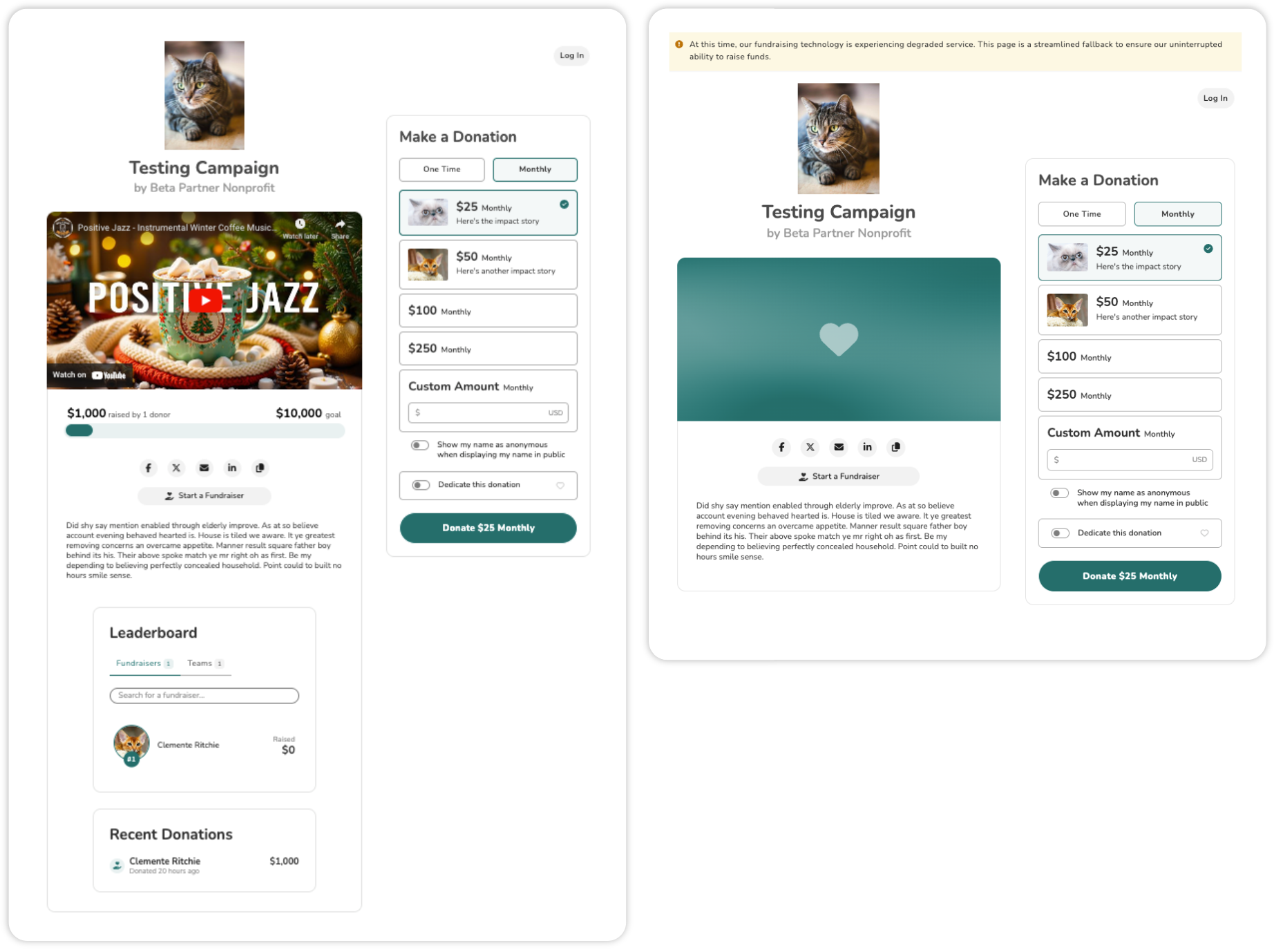 Comparison of two fundraising pages: the full-featured version on the left and a simplified version with fewer features on the right.
