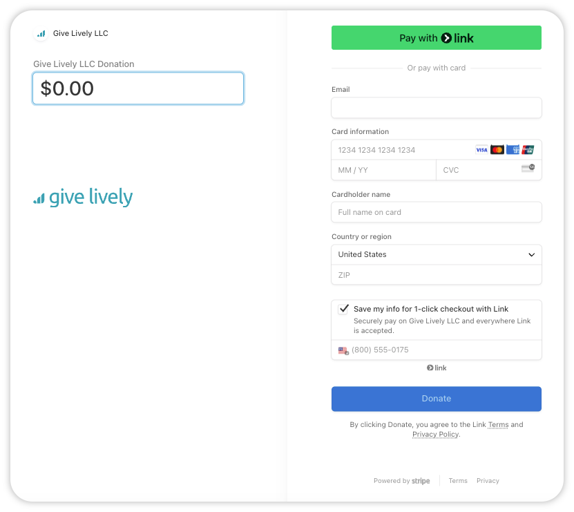 Stripe-based backup donation form with a simplified design, including fields for donor information, payment details, and a submit button to complete the donation.