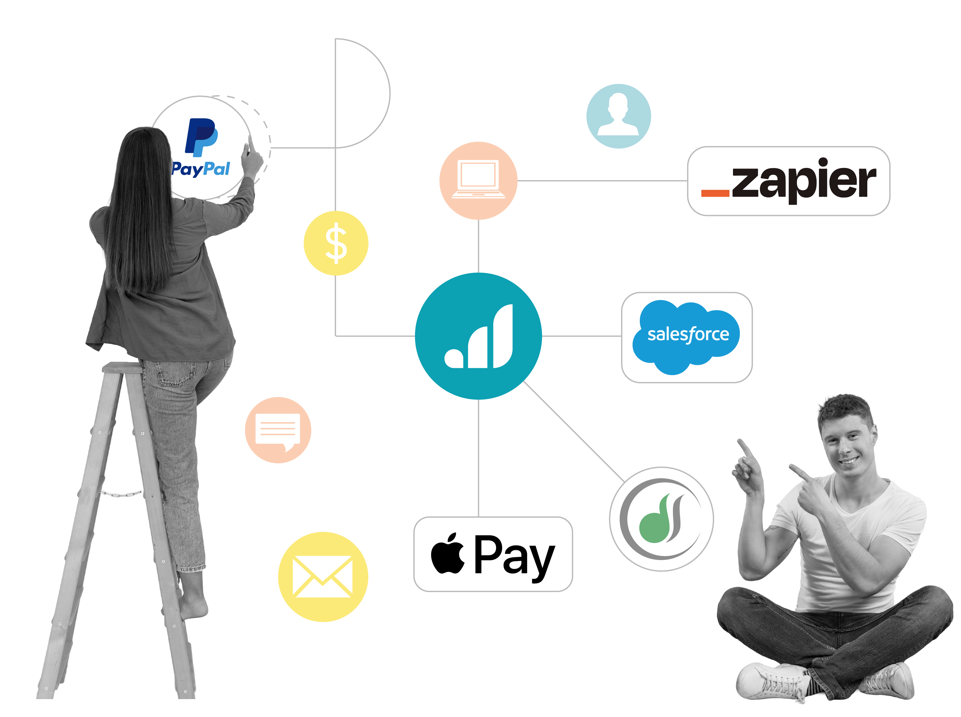Two people working with a variety of icons, including a cloud, dollar sign, email, graph, generic user silhouette and laptop