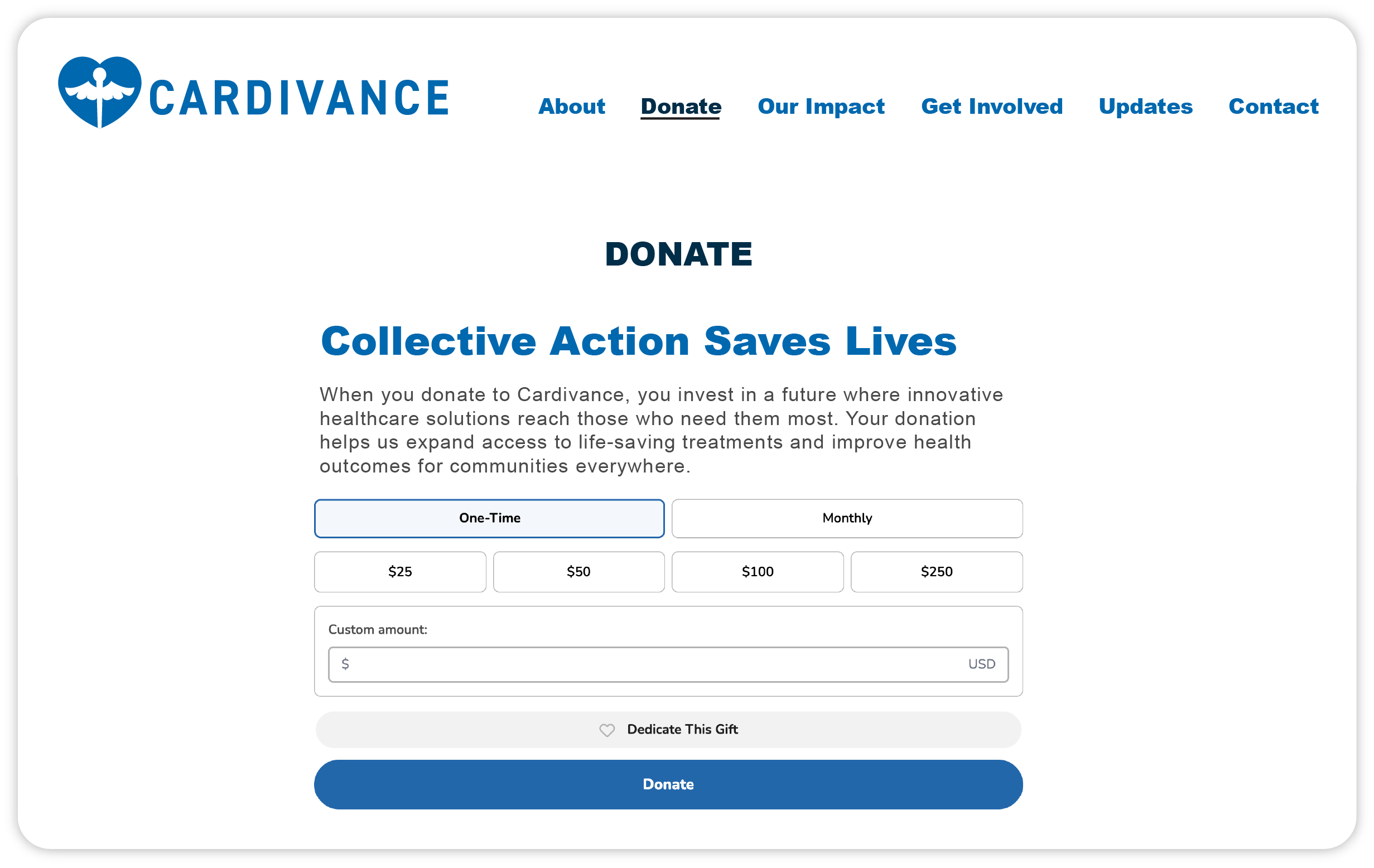 A mock example of a Simple Donation Widget on a web page.